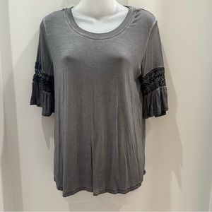 Pink Rose Grey Distressed Top with Lace detail size Medium
